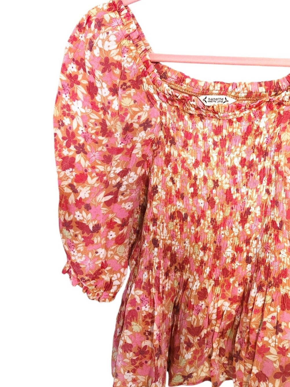 NANETTE LEPORE Pink Floral Smocked Peplum Peasant Top Puffed Elbow Sleeves Sz 8 - Picture 6 of 16